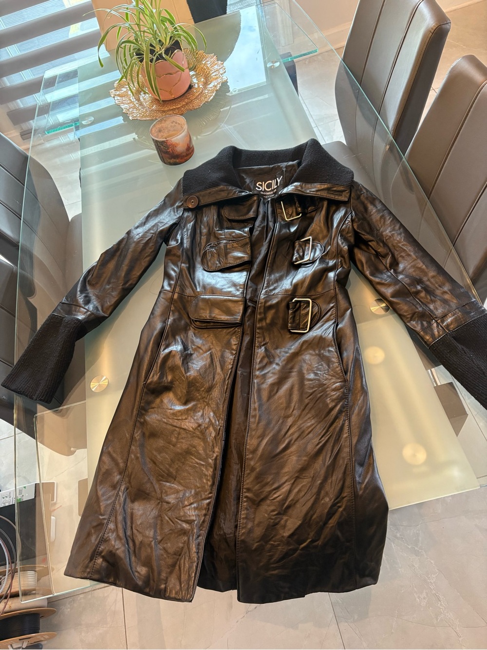 Sicily Black Leather Trench Coat